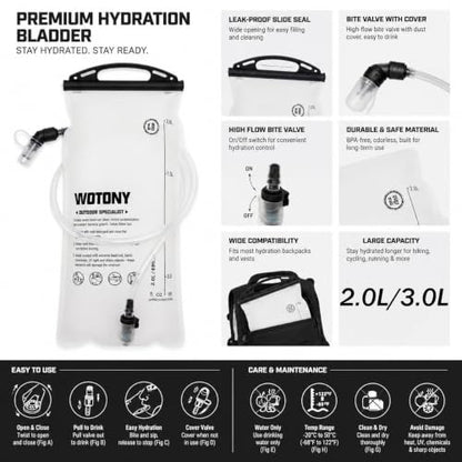 Wotony Lightweight Hydration Backpack with 2LOR 3LWater Bladder for Cycling Hiking Rave - Water Daypack for Men Women - color: ALL BLACK