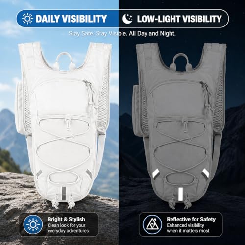 Lightweight Hydration Backpack 2L Water Bladder Pack for Running, Cycling, Hiking – Anti-Theft Water Backpack with Phone Holder, Trekking Pole Holder & Reflective Strips for Men & Women - color: White