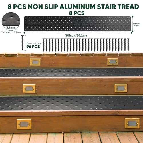 8 Pcs 30 x 3.75 Inch Non Slip Aluminum Stair Tread Metal Stair Outdoor Anti Slip Stair Treads Nosing Powder Coated Black Stair Treads with Carbon Steel Screws for Wood Ramp Deck Steps