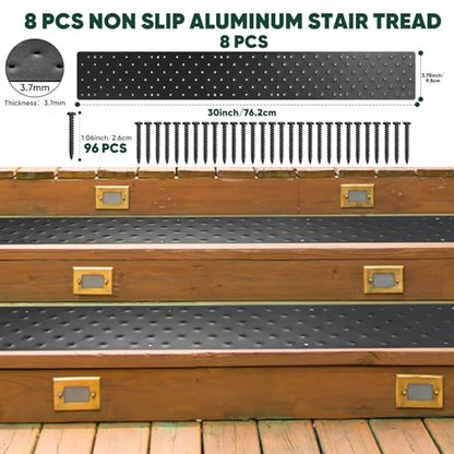 8 Pcs 30 x 3.75 Inch Non Slip Aluminum Stair Tread Metal Stair Outdoor Anti Slip Stair Treads Nosing Powder Coated Black Stair Treads with Carbon Steel Screws for Wood Ramp Deck Steps