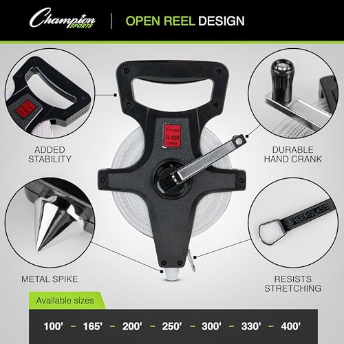Champion Sports Open Reel Measuring Tapes – Durable Hand Crank with Metal Spike, Dual-Sided Feet & Meters, Perfect for Track & Field and Long Jump, 165 Feet/50 Meters - size: 0.3 m