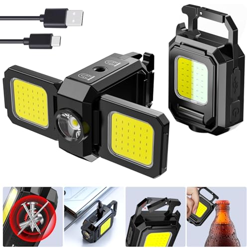 Upgrade 2Pcs Cob Keychain Work Light 5 Modes, 90° Foldable Lamp, 1000 Lumens Rechargeable Mini Flashlight with Bottle Opener Magnet for Outdoor Camping Fishing Hiking, Gifts to My Man - color: Yellow