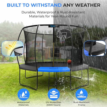 SereneLife Trampoline Outdoor 10FT 12FT 14FT with Enclosure Net, Ladder and Anti-Rust Coating - ASTM Approved Recreational Trampolines - Heavy Duty Yard Trampolines for Kids and Adults - style: 14FT CURVED