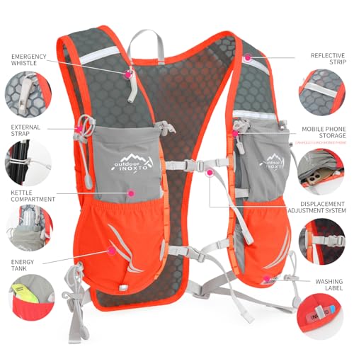 IX INOXTO Running Vest for Women Men, Adjustable Chest Straps Running Hydration Vest with 500ml Soft Flask, Lightweight Breathable Reflective Hydration Backpack for Hiking - color: orange with 500ml