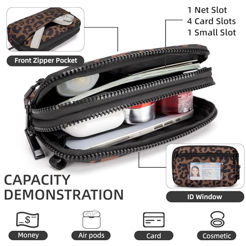 FODOKO Wristlet wallets for Women RFID crossbody bags with 4 Zippers - color: Brown Leopard