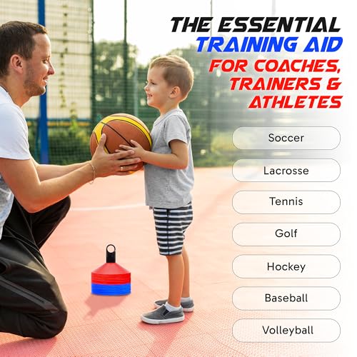 Pro Disc Cones (Set of 50) - Agility Soccer Cones with Carry Bag and Holder for Sports Training, Football, Basketball, Coaching, Practice Equipment, Kids - Includes 15 Best Cone Drills Book - color: Bright Yellow