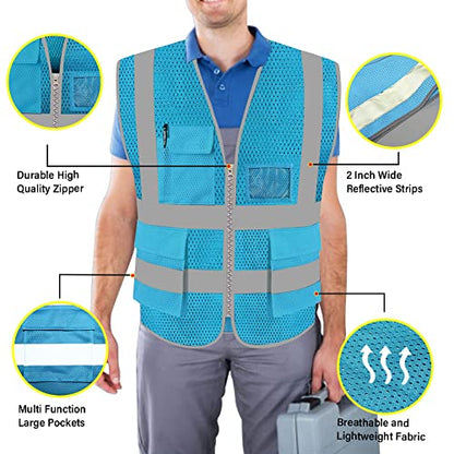 FEimaX High Visibility Safety Vest Mesh Work Vests with Reflective Strips - color: Azure, size: Large