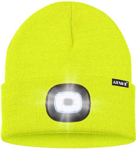 ATNKE LED Lighted Beanie Hat,USB Rechargeable 8 LED Red Glow Flashing Alarm Running Headlamp Cap Gifts for Men and Women - color: #Fluorescent Yellow