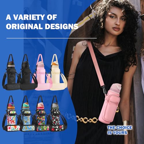 Neoprene Water Bottle Holder Bag with Cell Phone Pocket Compatible with Owala FreeSip 24 oz，Water Bottle Carrying Bag ，with Adjustable Shoulder Strap,for 24oz Stainless Steel Water Bottle - color: Pink