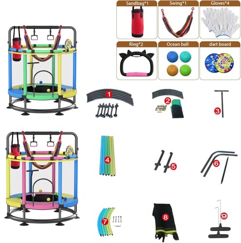 Trampoline for Kids, Full Anti-Rust 440lbs Anti-Rollover Round Bottom Toddler Trampoline, T-handrail Adjustable Baby Toddler Trampolines Dart Board - color: A2-Dark Red Yellow Blue, size: 60