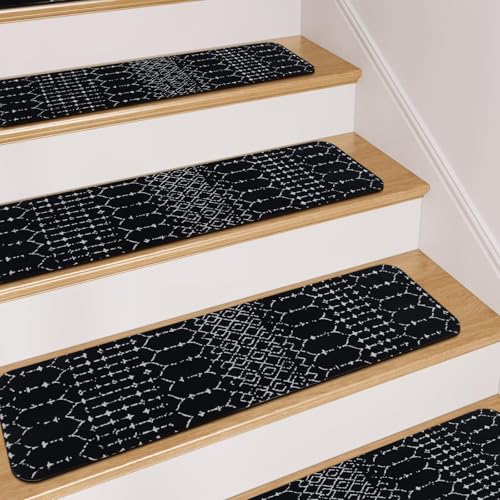 OJIA Stair Treads Non-Slip Stair Runners for Wooden Steps 15PCS 30"x8" - color: Black/Boho, size: 30" x 8"