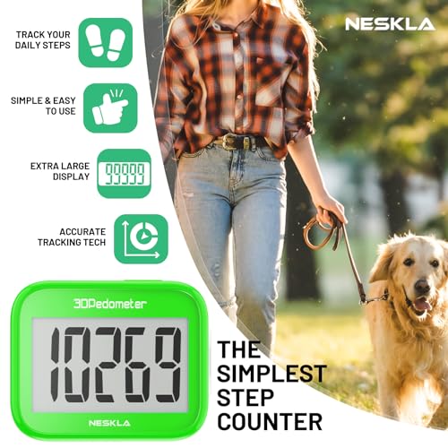 NESKLA 3D Pedometer, Simple Step Counter with Large LCD Display for Walking - color: Green