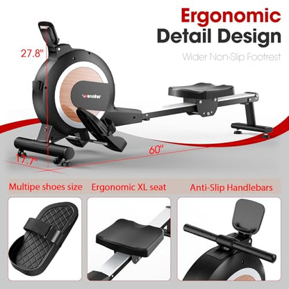 Wenoker Rowing Machine for Home, Magnetic Rower Machine, 350 LB Weight Capacity, 16-Level Silent Resistance Row Machine for Gym Exercise - color: Natural Wood