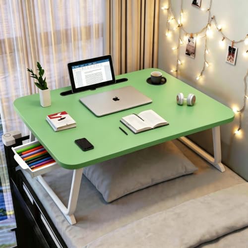 27.6" Home Office Folding Lap Desk with Drawer, Tablet Slot, Cup Holder - Fits up to 18 Inch Laptops, Bed Desk for Reading, Writing, Eating, Portable Laptop Table for Sofa, Coach, Floor (Green) - color: Green