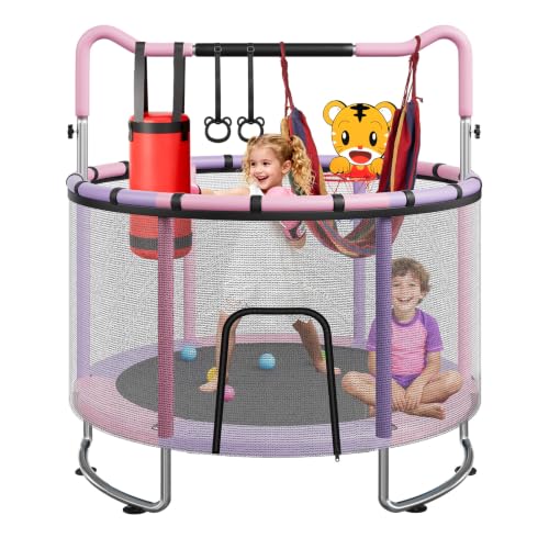 55/60" Trampoline for Kids, 4.5/5 FT Toddler Trampoline with Enclosur Net, Basketball Hoop & Sandbag, 440 LBS Capacity, Adjustable Height，Gifts for Ages 3-12 Boys & Girls - color: Pink-Purple, size: 59x59x63 IN