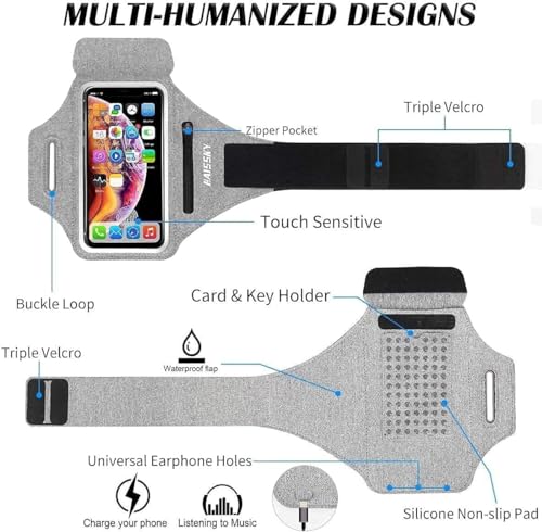HAISSKY Running Armband with Zipper Pocket Sweatproof Running Phone Holder - color: Grey(Up to 6.9")