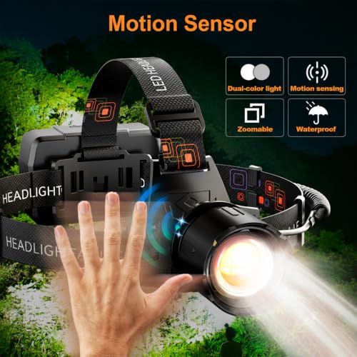 SKYFIRE Rechargeable Headlamp 3000 Lumens, LED Brightest Headlamps for Adults with 7500mAh Battery, Motion Sensor Waterproof Headlamp for Camping Hiking Hunting - Dual Light Sources Warm & White Light