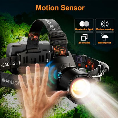 SKYFIRE Rechargeable Headlamp 3000 Lumens, LED Brightest Headlamps for Adults with 7500mAh Battery, Motion Sensor Waterproof Headlamp for Camping Hiking Hunting - Dual Light Sources Warm & White Light