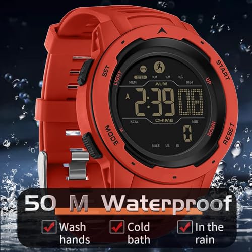 findtime Men's Digital Watch Waterproof Pedometer Watches Sport Watch Step Counter Calorie Military Watch with Stopwatch Alarm LED Backlight Countdown - color: red
