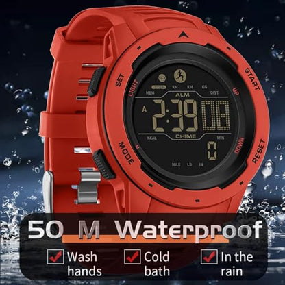 findtime Men's Digital Watch Waterproof Pedometer Watches Sport Watch Step Counter Calorie Military Watch with Stopwatch Alarm LED Backlight Countdown - color: red