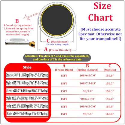 Trampoline Replacement Mat,Fits 15ft Round Frame with 90/96/100/108 Rings,Fits 5.3-8.5" Springs,Longer Lasting with 10 Rows of Stitches,w/Pull Hook and Gloves,（13ft-13.4ft Trampoline Mat - style: ø159.8" & 108Rings (Fits 6.5"-7.0"Spring)