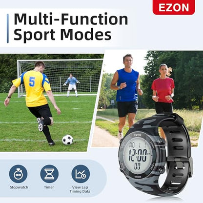EZON Digital Watch with Stopwatch Countdown Timer Alarm EL Backlight,Ultra-Thin Large Display 5ATM Waterproof Digital Wrist Watches for Men Women - color: Matte Black