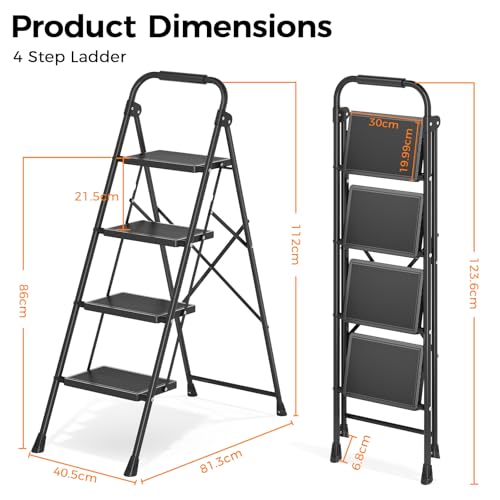 KINGRACK 4 Step Ladder Folding Step Stool with Handrail for Kitchen Black - size: 4-step