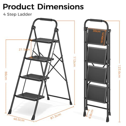 KINGRACK 4 Step Ladder Folding Step Stool with Handrail for Kitchen Black - size: 4-step