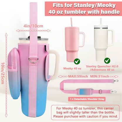 LEFOR·Z Water Bottle Carrier Bag with Phone Pocket Compatible with Stanley/Meoky 40 oz Tumbler with Handle,Water Bottle Holder Pouch with Adjustable Strap Compatible with Stanley Cup Accessories - color: Pink-Blue Gradient-Style B