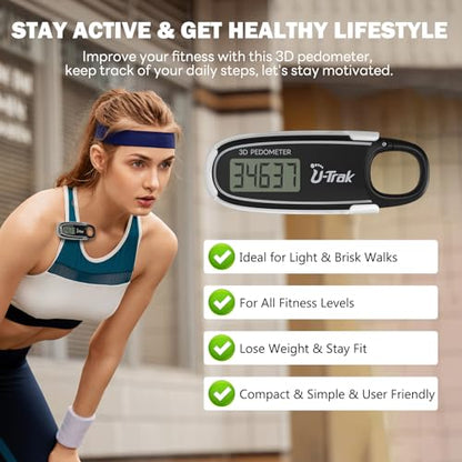3D Pedometer for Walking with Removable Clip and Carabiner Simple Step Counter for Walking Accurate Clip On Step Tracker for Men Women Kids - color: Black
