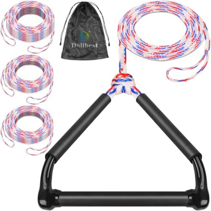 Dolibest 75FT Floating Water Ski Rope with Comfortable Handle, 4-Section Adjustable Wakeboard Tow Rope for Wakeboarding,Waterskiing,Kneeboarding & Tubing, 1600LB Strength & Reinforced End - color: White + Red + Blue (with Foam)