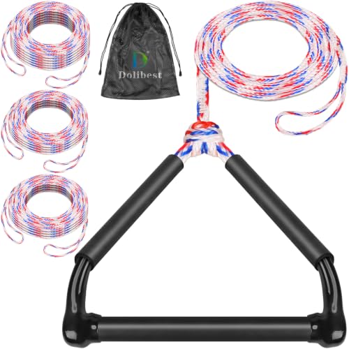 Dolibest 75FT Floating Water Ski Rope with Comfortable Handle, 4-Section Adjustable Wakeboard Tow Rope for Wakeboarding,Waterskiing,Kneeboarding & Tubing, 1600LB Strength & Reinforced End - color: White + Red + Blue (with Foam)