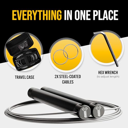 GODROP Jump Rope - Adjustable Speed Jump Rope - 2x Steel Coated Ropes, Carrying Case - Aluminum Anti Slip Handles with Double Ball Bearings for Double Unders, CrossFit, Boxing & Home Workout for Men & Women - color: US