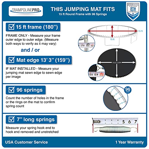 Trampoline Mat Replacement 15 ft for 96 Springs with 7" Spring Length, Trampoline Replacement Mat 159" Diam w/ 96 Rings (Springs Sold Sperate) UV & Safety Certified Trampoline Mat