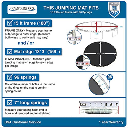 Trampoline Mat Replacement 15 ft for 96 Springs with 7" Spring Length, Trampoline Replacement Mat 159" Diam w/ 96 Rings (Springs Sold Sperate) UV & Safety Certified Trampoline Mat