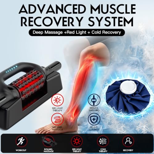 Electric Rolling Massager for Lymphatic Drainage, Red Light Muscle Recovery Roller with Ice Pack, Rechargeable 6-Speed Deep Tissue Massage Stick, Hands-Free Base for Back, Legs, Calves, Arms, Feet
