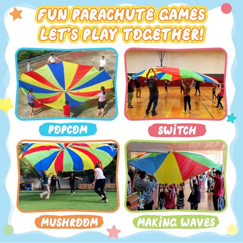 Sonyabecca Parachute, Play Parachute 10ft 12ft 16ft with 12 Handles 20ft 24ft with 16 Handles for Kids Cooperation Group Play (20 Feet) - size: 20FT with 16 Handles