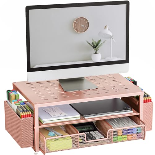 gianotter Desk Organizers and Accessories, Monitor Stand with Drawer and 2 Pen Holder, Desktop Organizer Suitable for Offices and Dormitories (Rose Gold) - color: Rose Gold