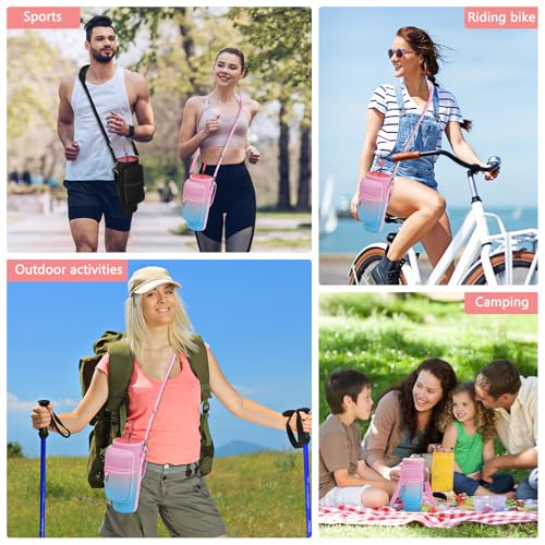 LEFOR·Z Water Bottle Carrier Bag with Phone Pocket Compatible with Stanley/Meoky 40 oz Tumbler with Handle,Water Bottle Holder Pouch with Adjustable Strap Compatible with Stanley Cup Accessories - color: Pink-Blue Gradient-Style B