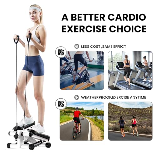 Steppers for Exercise at Home，Adjustable Resistance Mini Stepper with Resistance Bands Upgraded Air Powered Stair Steppers with Weight Loading Super Quiet Hydraulic Fitness Stepper with LE