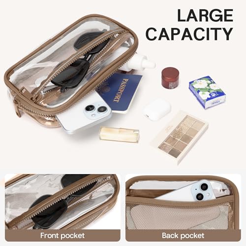 FODOKO Wristlet wallets for Women RFID crossbody bags with 4 Zippers - color: Clear-caramel