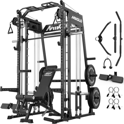 Mikolo M4 2.0 Smith Machine, 2200lbs Squat Rack with LAT-Pull Down System & Cable Crossover Machine, Training Equipment with Leg Hold-Down Attachment - color: Black, size: M4 2.0 Package (with Black BP230lbs)