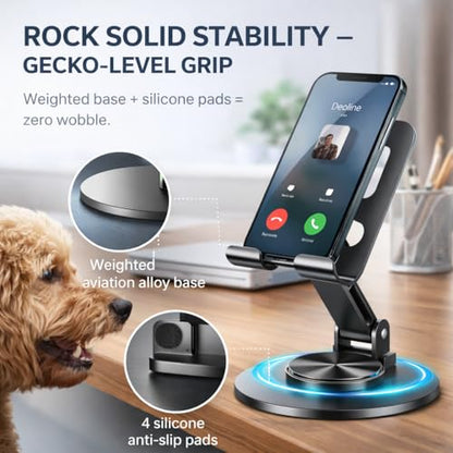 Mizi Universal Metal Phone Stand - 360°/720° Adjustable Rotation Desk Holder, Foldable & Stable with Non-Slip Weighted Base, Compatible with iPhone 17/16/15/14/13/12 Pro Max & All Smartphones - Grey - size: K73
