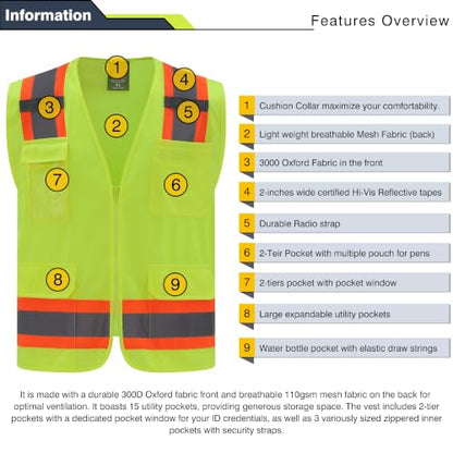 Class 2 High Visibility Reflective Safety Vests Women & Men With 5 Pockets And Zipper Front,Meets Ansi/Isea Standards - size: X-Large