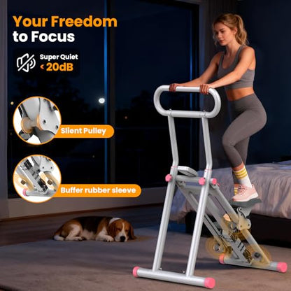 HXD-ERGO Stair Stepper, Upgrade 6-Level Resistance Stair Master with Adjustable Handlebar, Folding Stair Climber Workout Machine - color: White&Pink