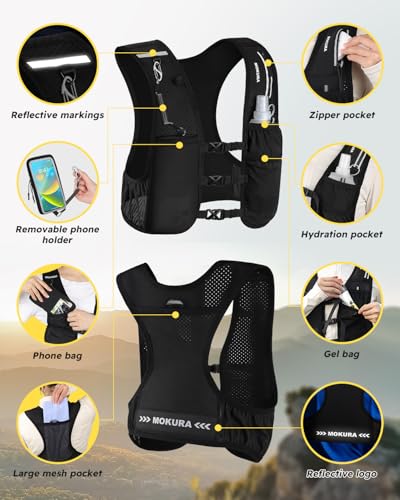 MOKURA Running Vest for Women Men with 500ML Soft Flask & Phone Holder - color: Black, size: Large