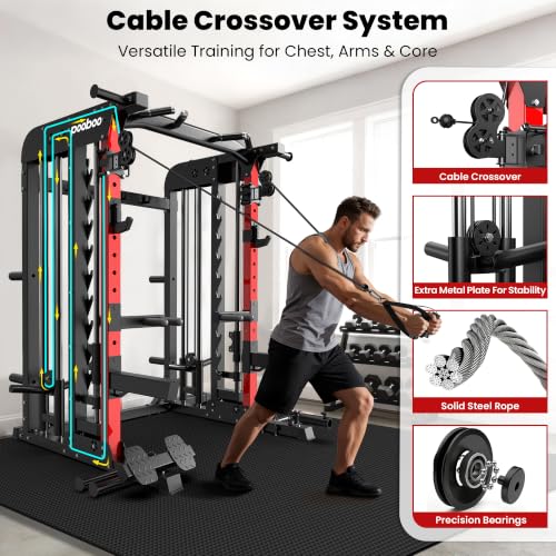 pooboo Power Cage Smith Machine with 2000LB Squat Rack Cable System