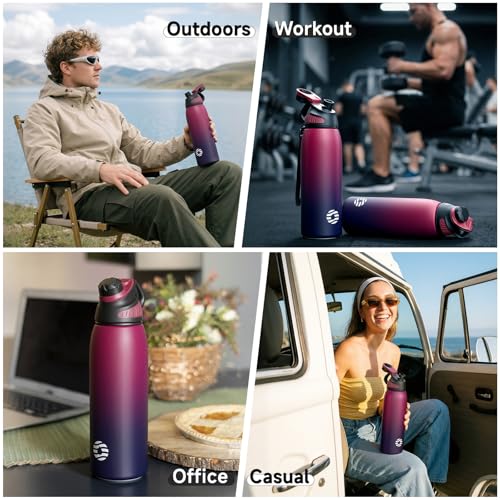 FJbottle 32oz Stainless Steel Insulated Water Bottle No Straw Spout Lid - color: Black-Purple, size: 32 Ounces