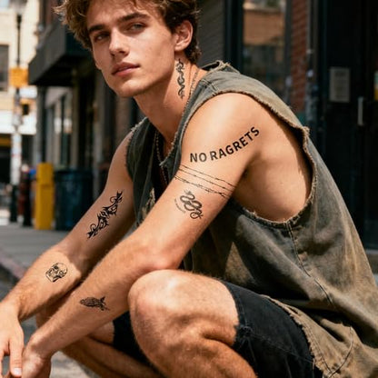 Semi Permanent Tattoo, No Ragrets Barbed Wire Skull Design, Large - color: barbed wire tramp