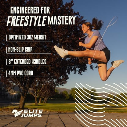 Elite Jumps Fit Plus Pro Freestyle PVC, 4mm Cord Skipping Rope, Cardio, Adjustable 10ft Length with 8" Reinforced Handles, Non-Slip Grip for Gym Workout, School Sport, Beginner Use - Silver